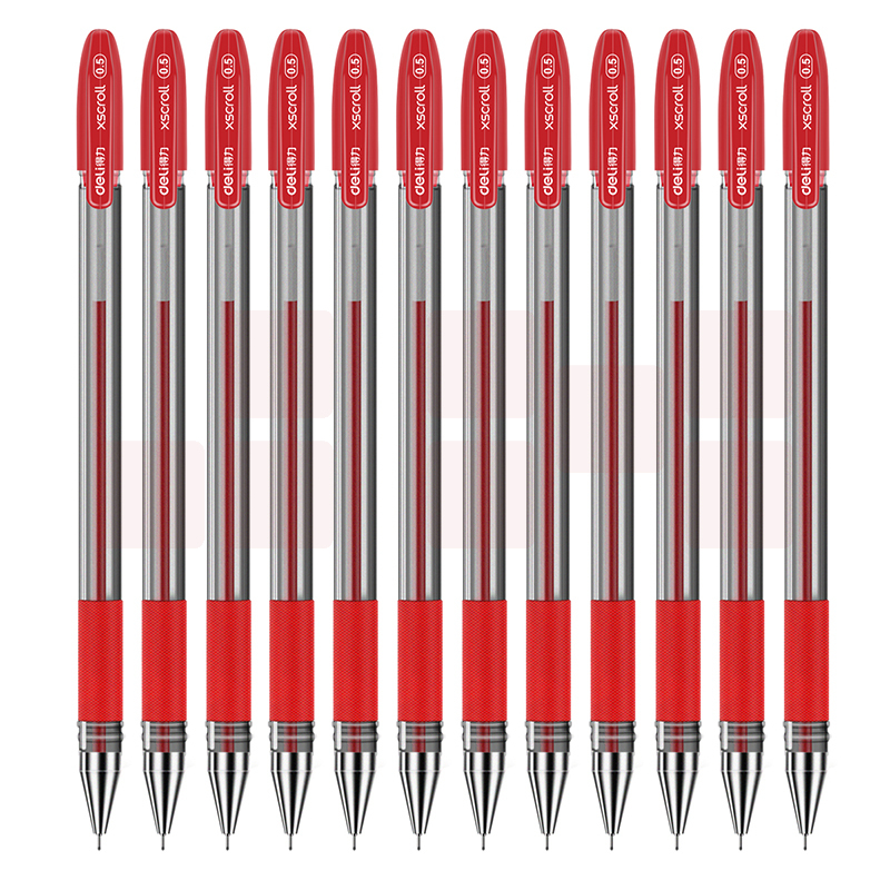 得力S55中性笔0.5mm半针管(红)12支