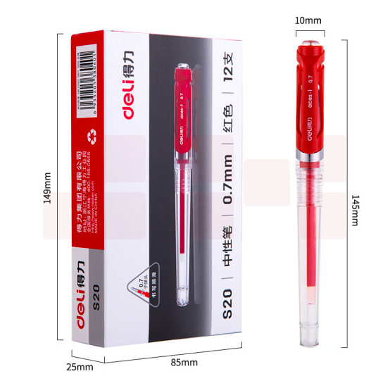 得力S20中性笔0.7mm子弹头(红)12支