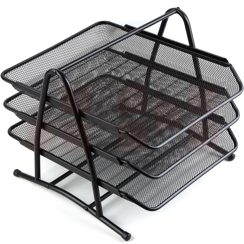 齐心 三层金属网格文件盘 文件框  文件收纳 黑色B2163