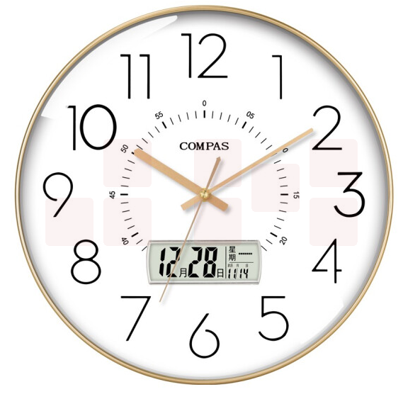 康巴丝 D6219AY金色 35cm挂钟 电波钟 万年历 日历温度显示智能自动对时电波钟
