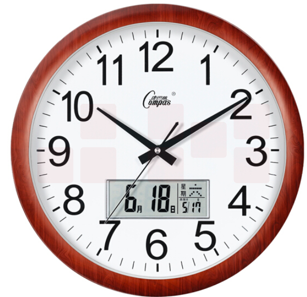 康巴丝 38cm 挂钟 15英寸 万年历钟表挂 石英钟挂表3128Y 木纹日历款