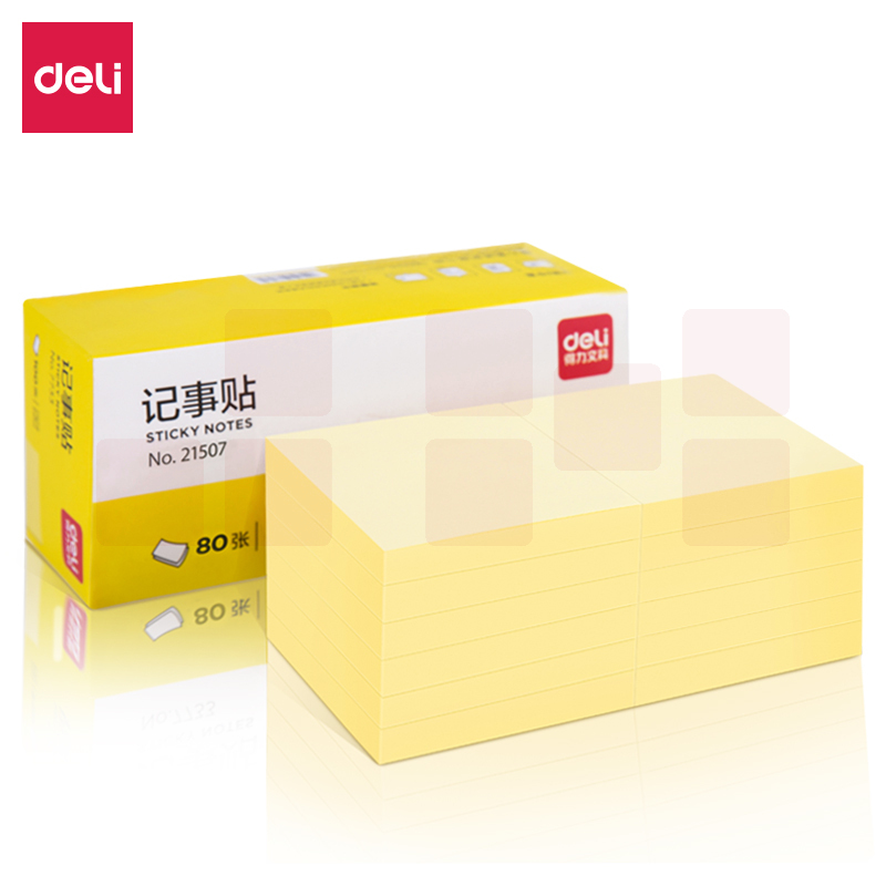 得力21507高劲贴76*76mm80张*12本(黄)彩色记事贴/ 便签本/ 自粘留言本