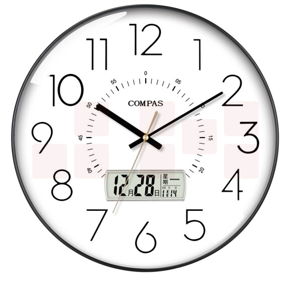 康巴丝 D6219AY钢琴黑 35cm挂钟 电波钟 万年历 日历温度显示智能自动对时电波钟