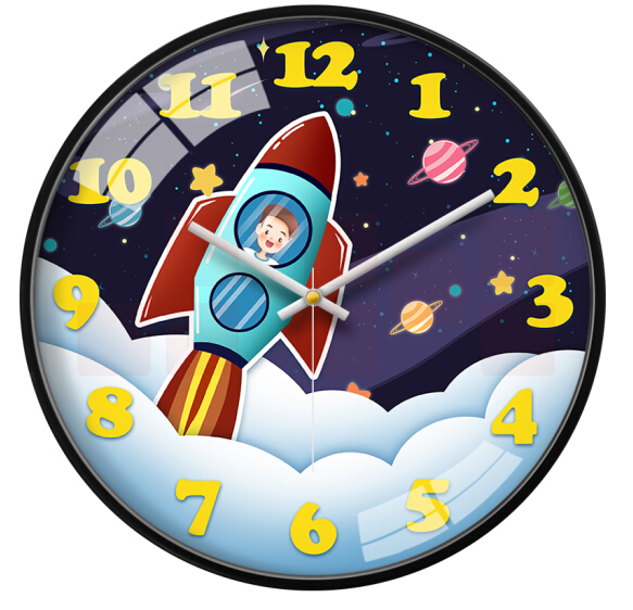 摩门 12英寸30cm卡通火箭挂钟 幼儿园学校钟表 金属黑 HE0307