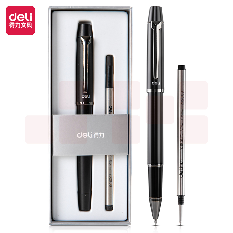 得力S153宝珠笔套装0.5mm子弹头(黑色)(1支笔+1支笔芯/盒)