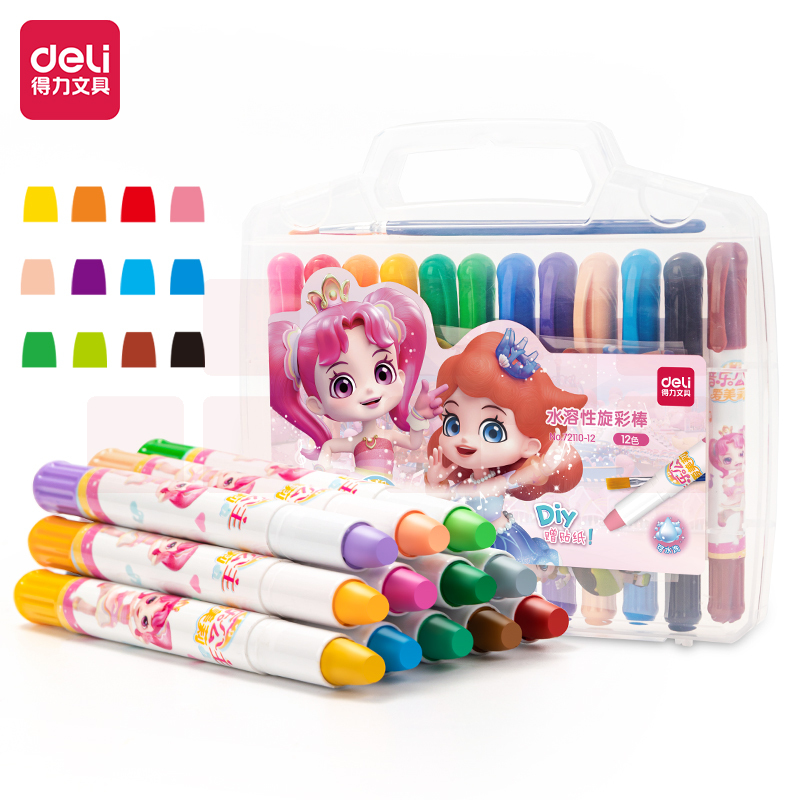 得力72110-12_PP盒装音乐公主水溶性旋彩棒(混)(12色/盒)