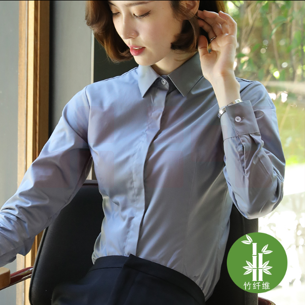 弹力竹纤维白衬衫女长袖职业正装韩版修身百搭工作服上班衬衣 货号：JC