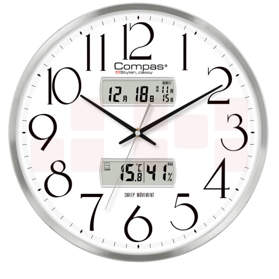 康巴丝 挂钟 万年历 时钟日历温湿度挂表C3240-2 银色