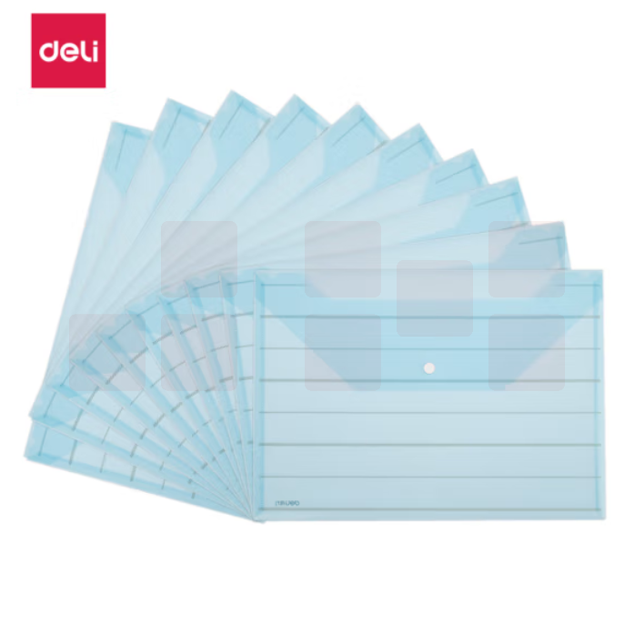 得力8313文件袋A4条纹透明文件袋 按扣资料袋 蓝