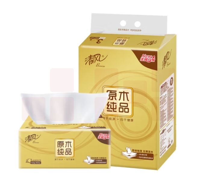 清风 抽纸 三层130抽 原木金装软抽面巾纸 3包/提