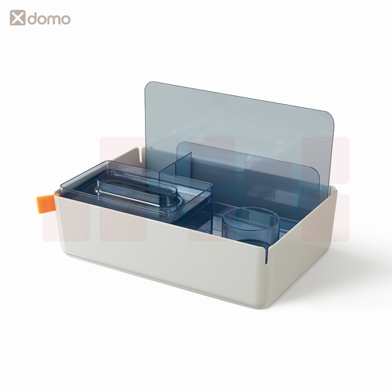 得力 多功能收纳盒 带笔筒 书立 桌面收纳框(浅灰)XDM33