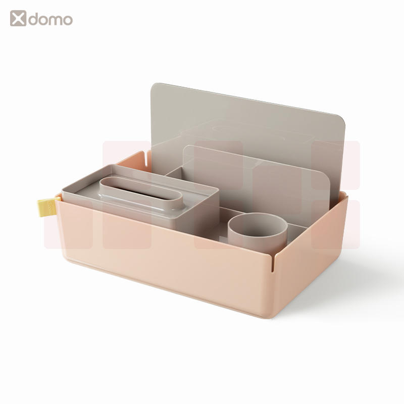 得力 多功能收纳盒 带笔筒 书立 桌面收纳框(粉)XDM33