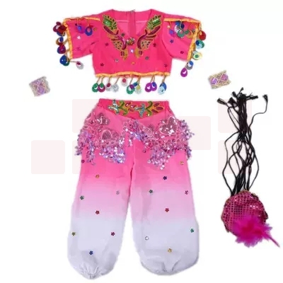 儿童新疆舞演出服表演舞起服装鼓幸福少儿女童维族幼儿民族舞蹈服（号码备注）