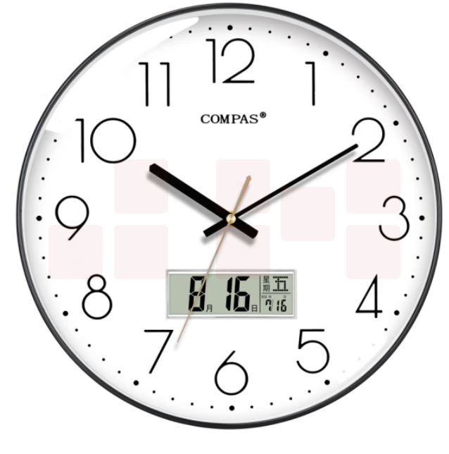 康巴丝 35cm 挂钟13.8寸 时钟万年历钟表自动对时电波钟 C6219AY钢琴黑