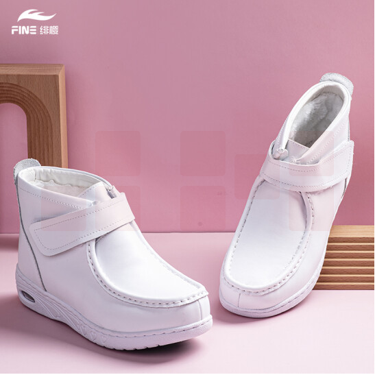 绯樱 006气垫护士鞋女冬季款加绒真牛皮软底深口高帮平底冬靴33~42码