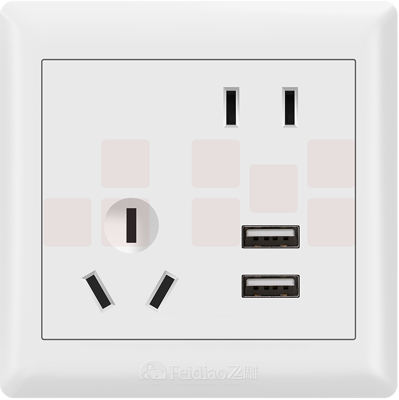 飞雕 斜五孔带二位USB开关插座86暗装墙面开关插座E5-A墙壁开关