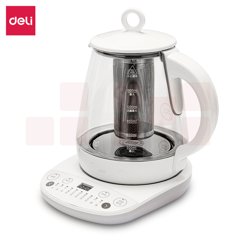 得力85614养生壶 1.5L 触感控制面板 加厚玻璃烧水壶