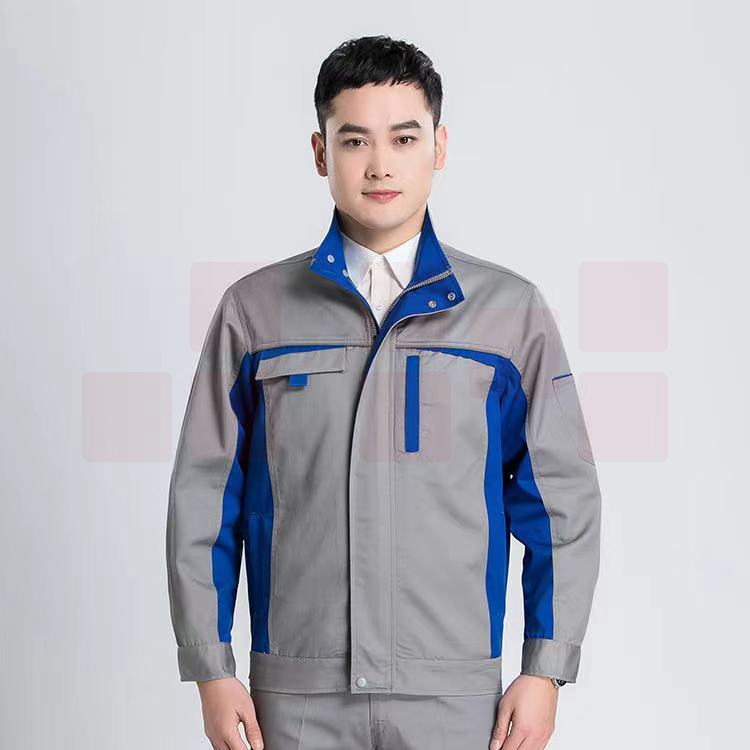 春秋劳保工作服  长袖款劳保工装   上衣 银灰拼艳蓝   货号：JC
