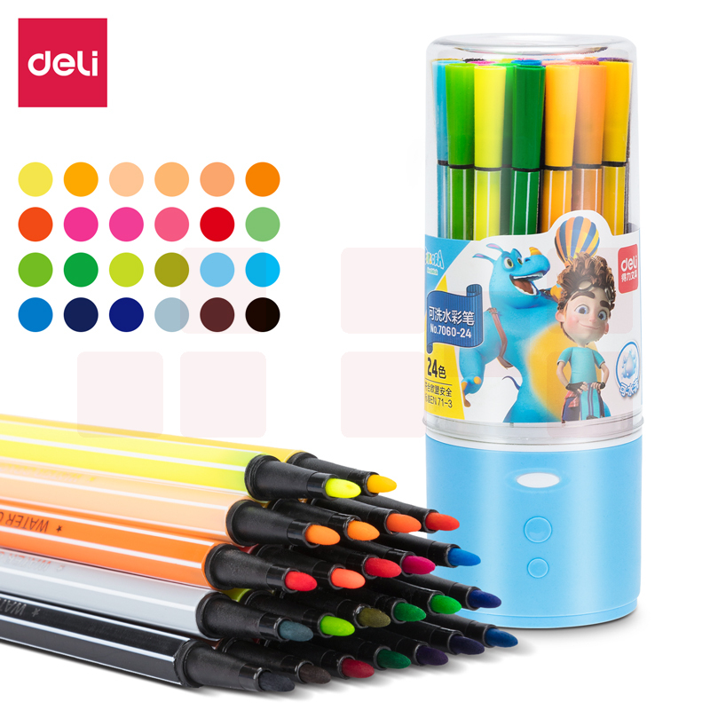 得力  7060-24色  细六角杆水彩笔    桶装