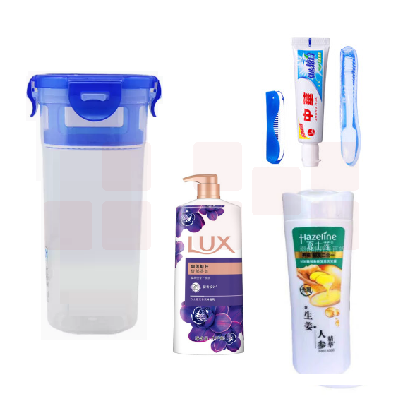 洗漱套装5件套  含牙刷、牙膏、梳子、沐浴乳100g、洗发露100g    货号：YC