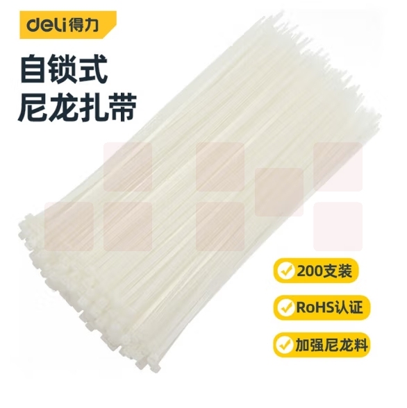 得力 尼龙扎带  4*250mm自锁式理线带 200支装  白色DW4010