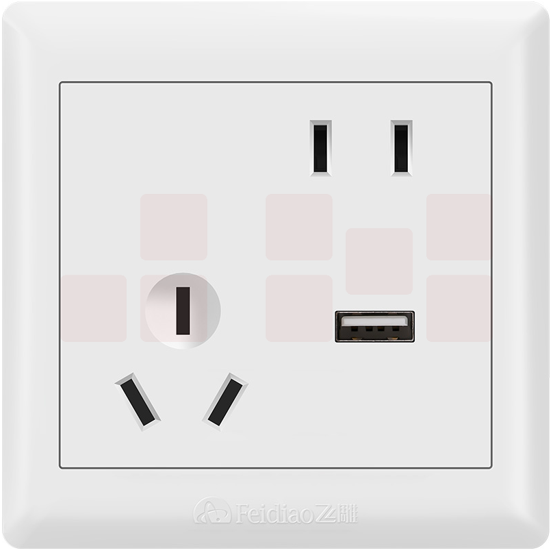 飞雕 斜五孔带一位USB开关插座86暗装墙面开关插座E5-A墙壁开关