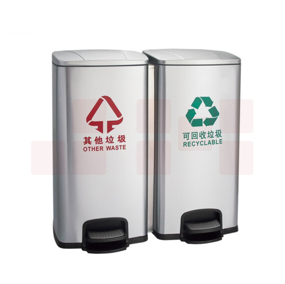 60L不锈钢脚踏垃圾桶  脚踩双桶连体垃圾桶