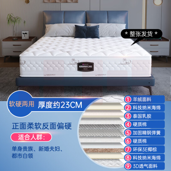 海马 席梦思床垫 独立弹簧椰棕垫 （泰国乳胶、精钢弹簧、3E椰棕） 厚度23cm 尺寸 1200mm*2000mm