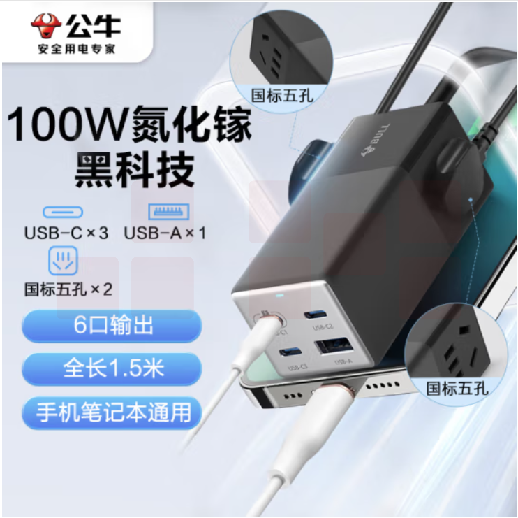 公牛 氮化镓100W充电器快充笔记本插座/插线板/插排/接线板 USB（3C1A）+2插孔 全长1.5米 GNV-MC1102