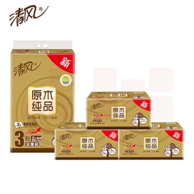 清风抽纸金装原木130抽3层 餐巾纸 3包/提BR36MJ1