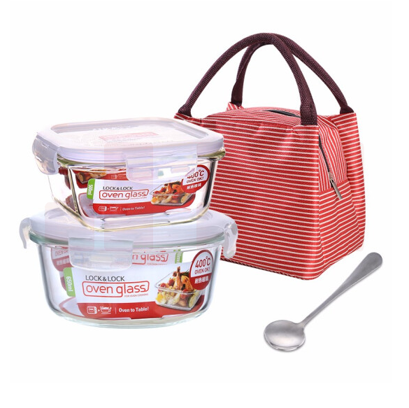 乐扣乐扣保鲜盒玻璃保鲜便当盒 500ml+650ml +保温包