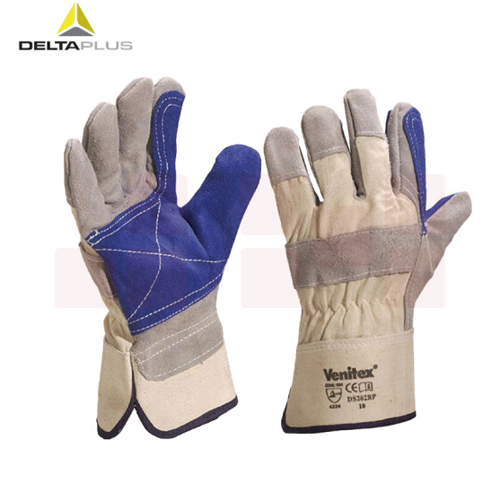 代尔塔 204202 双层牛皮手套 耐磨 防穿刺 帆布焊工作业劳保手套