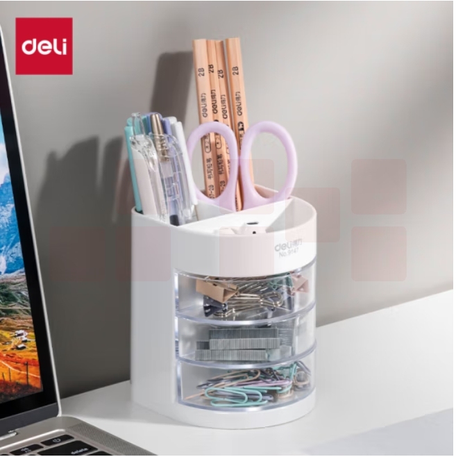 得力(deli)三层多功能办公笔筒 创意桌面收纳盒  白色9147