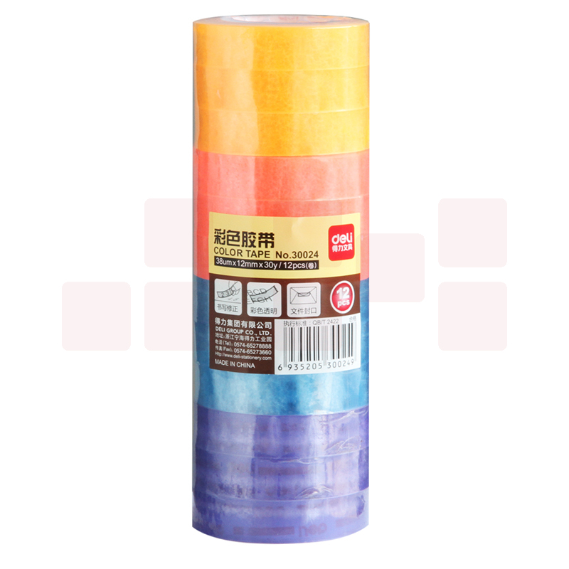 得力30024彩色文具胶带12mm*30y*38um(混)(12卷/筒)