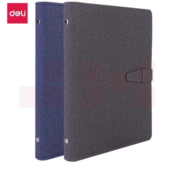 得力(deli)25K100张活页笔记插袋记事本扣带皮面本205*143mm 蓝灰随机3309
