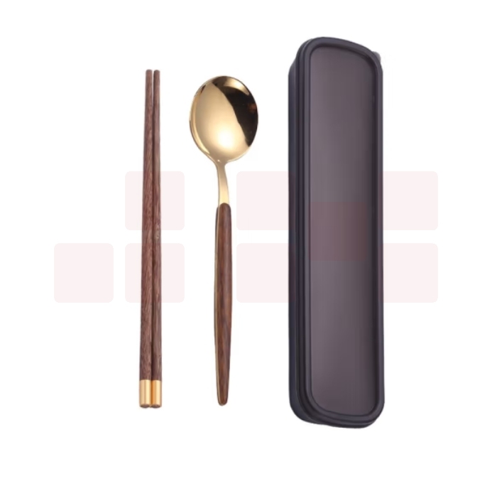便携餐具筷子+不锈钢勺子套装 金色勺+筷子【带盒+袋子】不含叉子