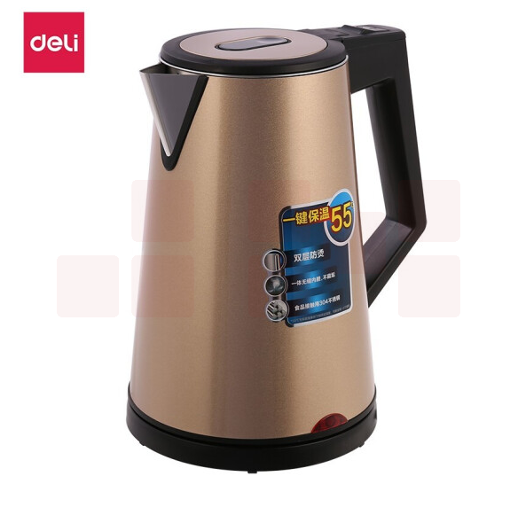 得力 （deli）1.6L电水壶不锈钢防烫伤电热水壶双层防滑烧水 避免千滚水0767香槟金