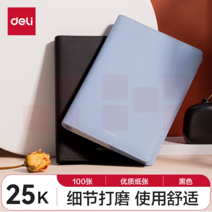 得力(deli)25K100张活页笔记本 莫兰迪色系商务记事本皮面本210mm*145mm 黑色22287