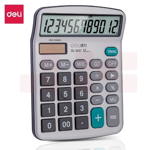得力1837双电源金属面板桌面计算器 12位宽屏桌面计算机