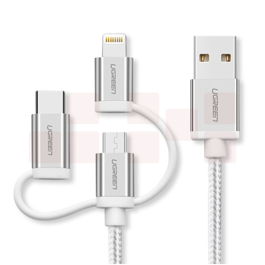 绿联  50203苹果安卓数据线三合一  USB2.0转Micro USB+Type-C+Lightning   2.4A 银白色 1.5米