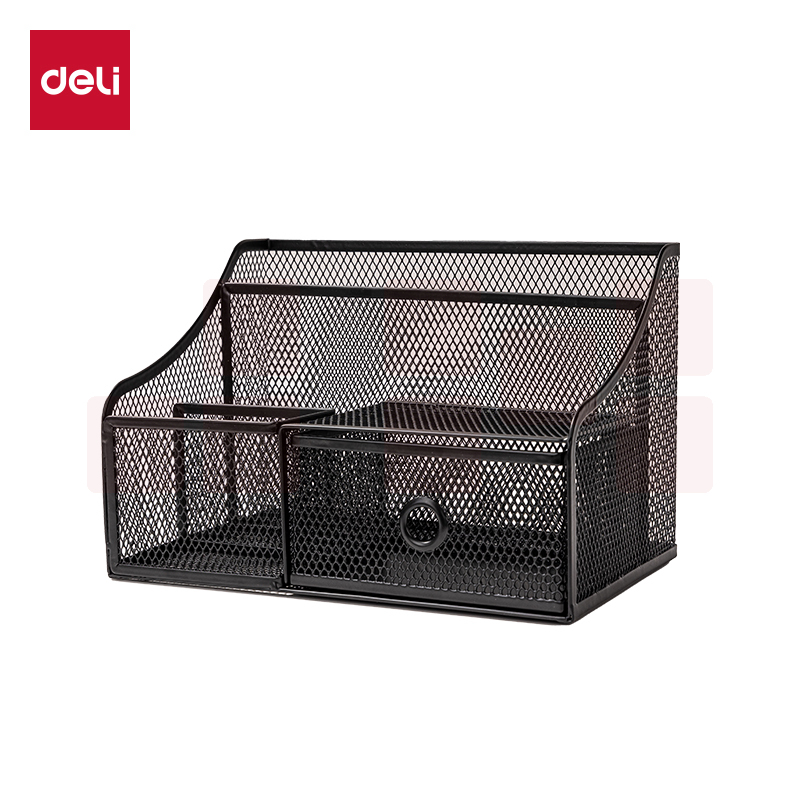得力(deli) 金属网纹办公笔筒 多功能四格办公抽屉式桌面收纳盒摆件 黑色PK150