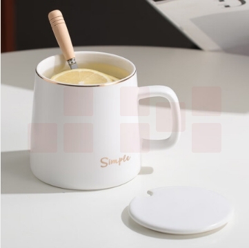 传旗 陶瓷马克杯350ml带勺盖咖啡杯水杯子办公室茶杯 白色礼盒套装