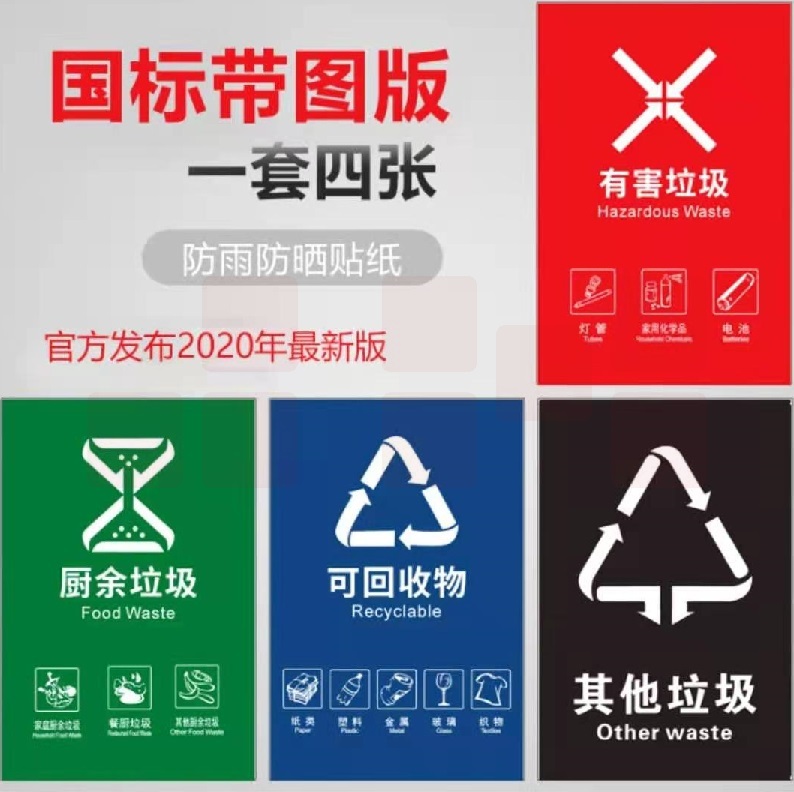 垃圾分类标识牌 不可回收标示贴 国标带图垃圾分类贴（4个/套） （尺寸20*30和30*40请备注）