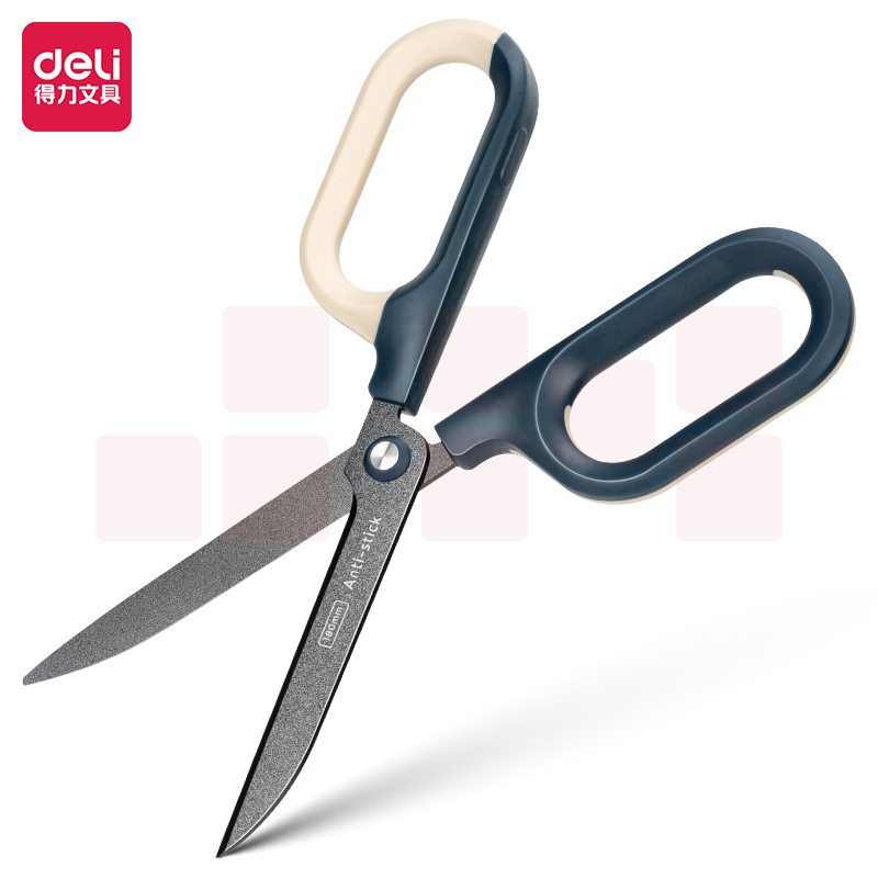 得力（deli）大号弧形特氟龙省力剪刀 德国创意设计特氟龙防粘胶双拼色设计 蓝色QG157