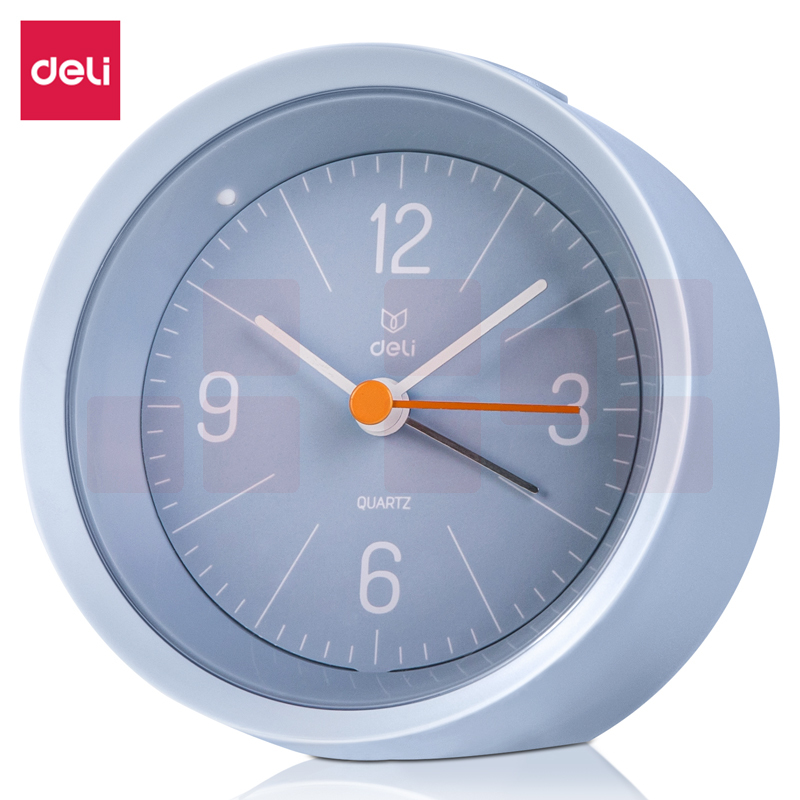 得力（deli）圆形小闹钟学生儿童起床渐响闹钟家庭卧室床头宿舍桌面带夜灯时钟 雾霾蓝 LE300-BU