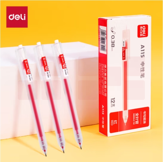 得力(deli)雾透中性笔签字笔0.38mm全针管简约无印风按动笔水笔 红色 12支/盒A115