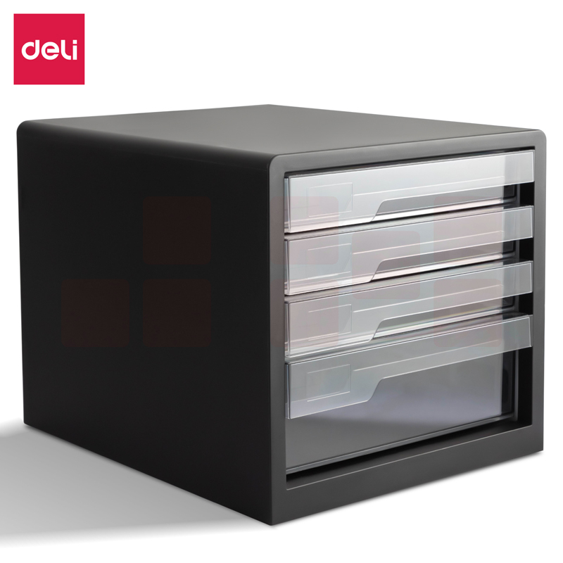 得力 四层桌面收纳盒收纳柜抽屉式 A4资料收纳箱黑色PB104（341*276*258）