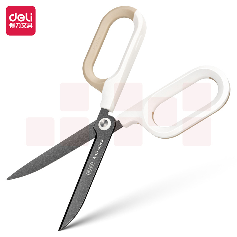 得力（deli）大号弧形特氟龙省力剪刀 德国创意设计特氟龙防粘胶双拼色设计 白色QG157