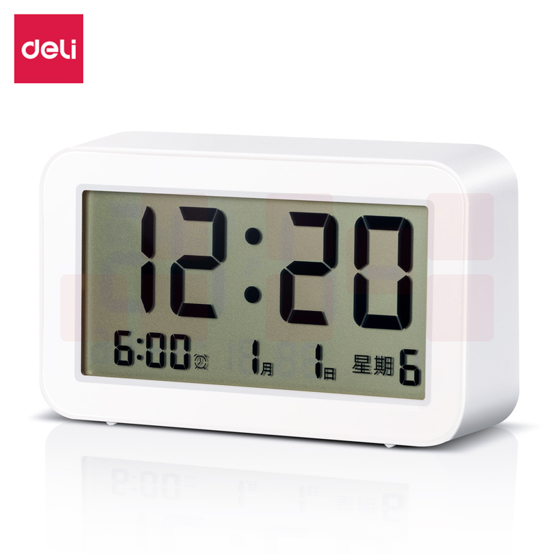 得力多功能电子闹钟 学生宿舍卧室电子钟床头钟 单组闹铃 贪睡功能 白色 LE102