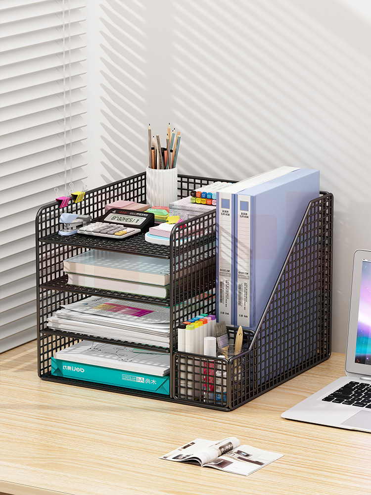 办公桌面置物架文件收纳架文件收纳盒办公用品大全多层文件架A4文件框文件夹资料档案整理架铁艺金属书立架子